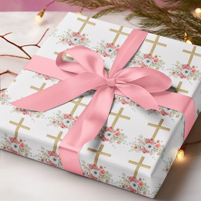 Papier Cadeau Fleurs roses Brown Croix religieuse Pâques (Créateur téléchargé)