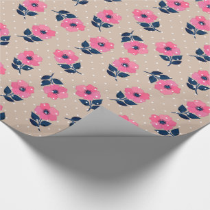 Papier Cadeau Fleurs roses décoratives Pois beige blanc