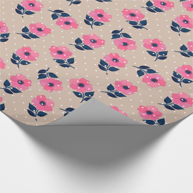 Papier Cadeau Fleurs roses décoratives Pois beige blanc (Coin)