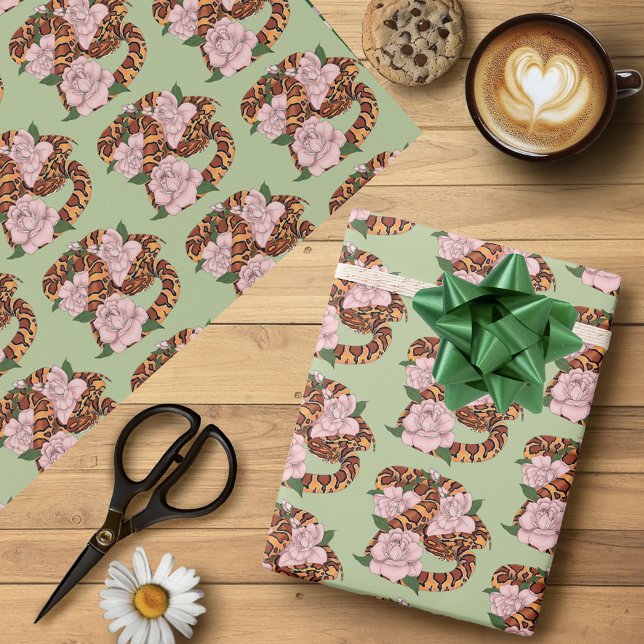 Papier Cadeau Fleurs roses du serpent de maïs vert (Créateur téléchargé)