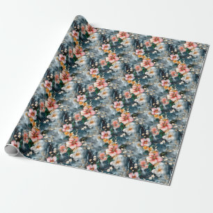 Papier Cadeau Fleurs roses et ivoire sur marbre 