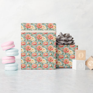 Papier Cadeau Fleurs roses et ivoire sur turquoise 