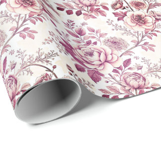 Papier Cadeau fleurs roses et rouge foncé