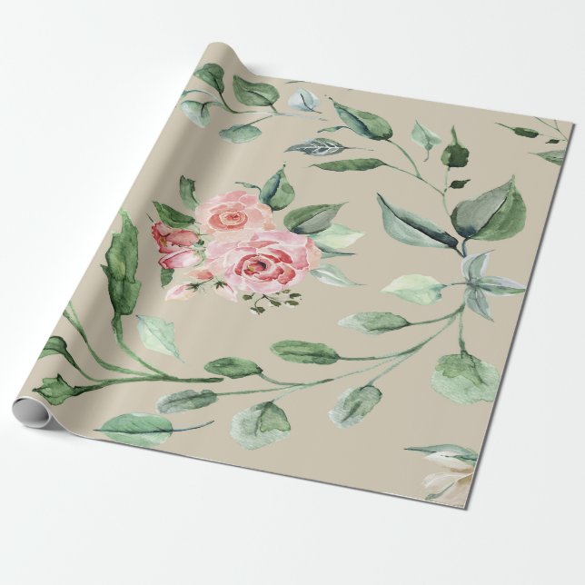 Papier Cadeau Fleurs roses et vertes (Déroulé)