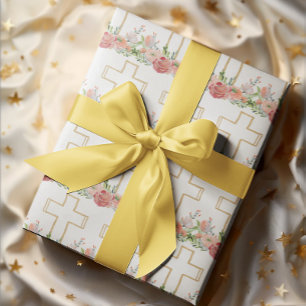 Papier Cadeau Fleurs roses Gold Croix religieuse Pâques
