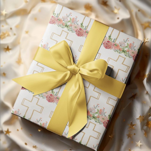 Papier Cadeau Fleurs roses Gold Croix religieuse Pâques (Créateur téléchargé)