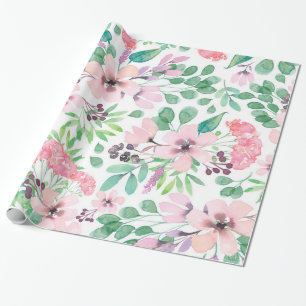 Papier Cadeau Fleurs roses mignonnes Motif de feuilles vertes