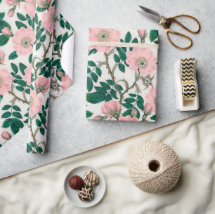 Papier Cadeau Fleurs Roses roses et Motif Feuille vert
