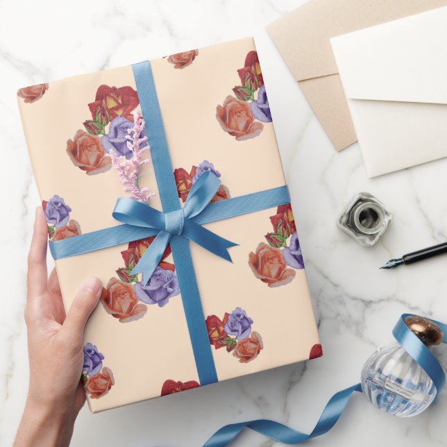 Papier Cadeau fleurs roses rouges et bourgeons roses fleurs flor (Cadeaux)
