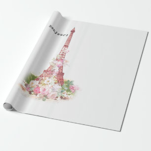 Papier Cadeau Fleurs roses vintages girly Paris Tour Eiffel