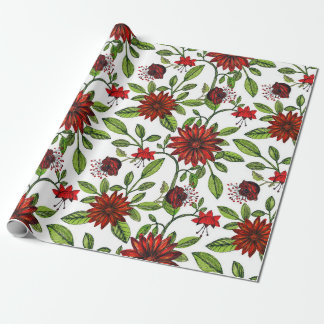 Papier Cadeau Fleurs rouges abstraites et feuilles verts sur fon