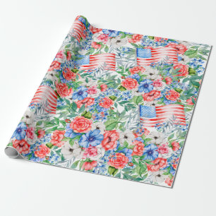 Papier Cadeau Fleurs rouges blanches et bleues  Fête du 4 juille