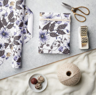 Papier Cadeau Fleurs rouges bleu clair continu motif