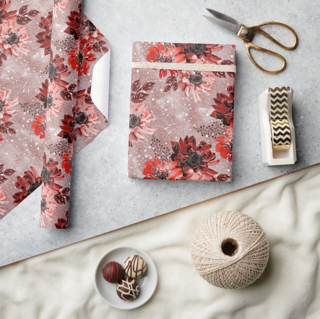 Papier Cadeau Fleurs rouges, bordeaux. (Artisanat)