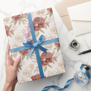 Papier Cadeau Fleurs Rouges Crème Shower de Mariée