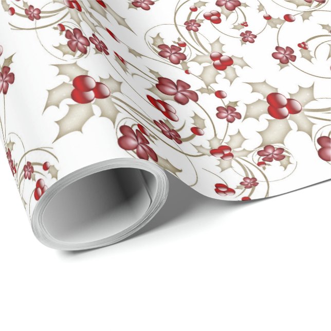 Papier Cadeau Fleurs rouges de Noël et baies sèches (Coin rond)