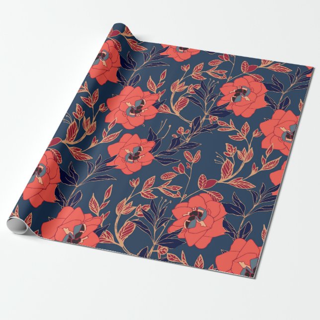 Papier Cadeau Fleurs rouges de roses et pivoines avec feuilles e (Déroulé)