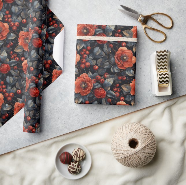 Papier Cadeau Fleurs rouges en noir (Artisanat)