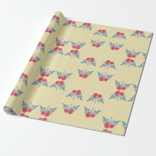 Papier Cadeau Fleurs rouges et feuilles verts sur marron