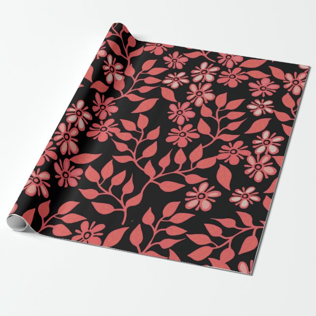 Papier Cadeau Fleurs rouges et roses mignonnes sur cadeau Arrièr (Déroulé)