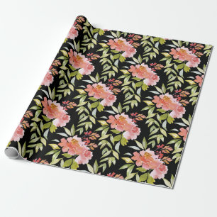 Papier Cadeau Fleurs Rouges Luxuriantes sur Fond Noir