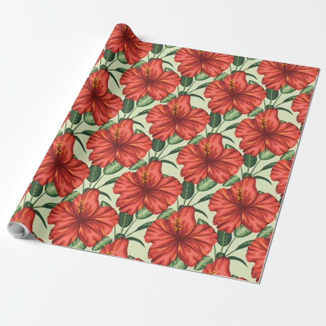Papier Cadeau Fleurs rouges motifs à fleurs tropicales (Déroulé)