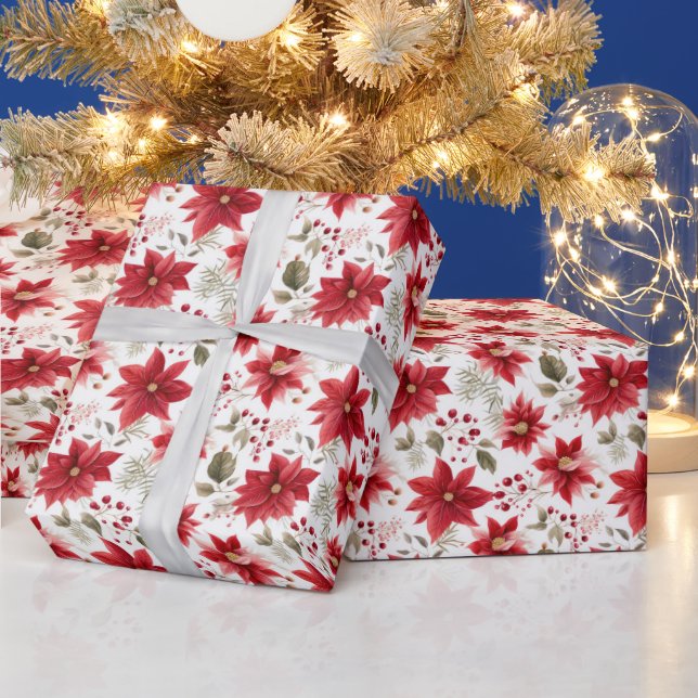 Papier Cadeau Fleurs rouges Poinsettia Berries de Noël (Vacances)
