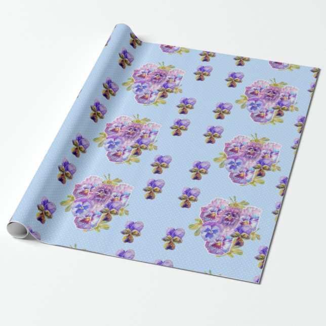 Papier Cadeau Fleurs sansy floral Shabby Chic Bleu Enveloppement (Déroulé)