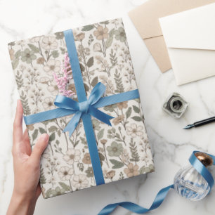 Papier Cadeau Fleurs sauvages aériennes en crème et sauge