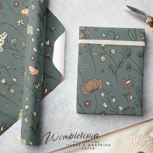Papier Cadeau Fleurs sauvages botaniques rustiques en Sage Green