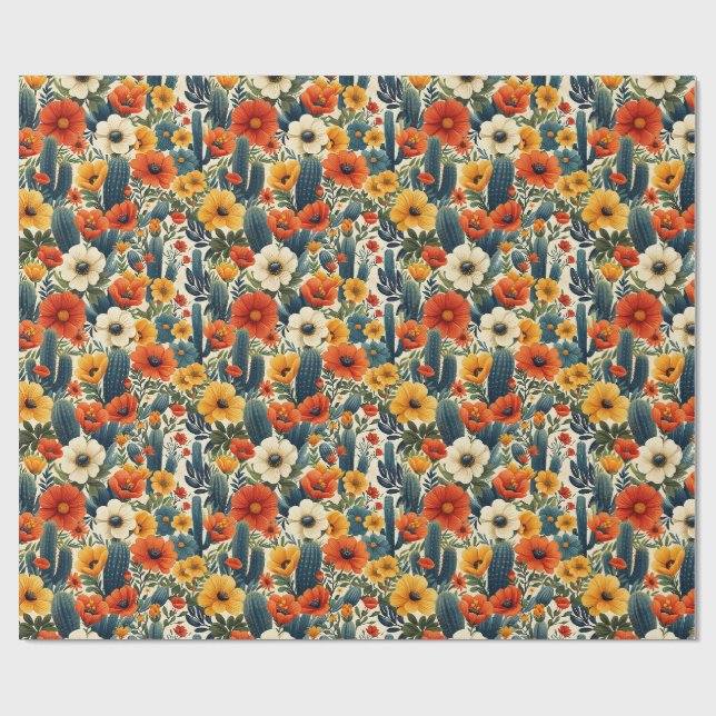 Papier Cadeau Fleurs sauvages de cactus Florales de crème rouge  (Plat)