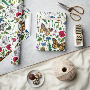 Papier Cadeau Fleurs sauvages et papillons sur blanc