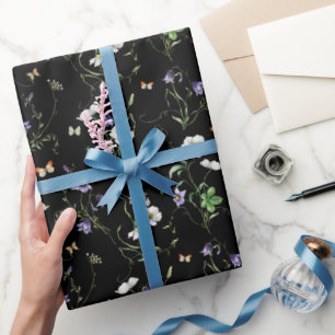 Papier Cadeau Fleurs sauvages et papillons sur fond noir