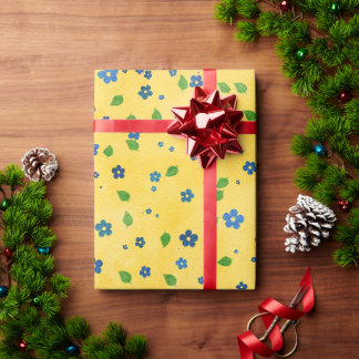 Papier Cadeau fleurs sauvages fantaisistes bleu jaune Envelopper