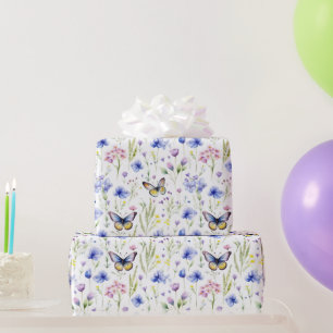 Papier Cadeau Fleurs sauvages Papillons Bleu Jaune Baby Shower