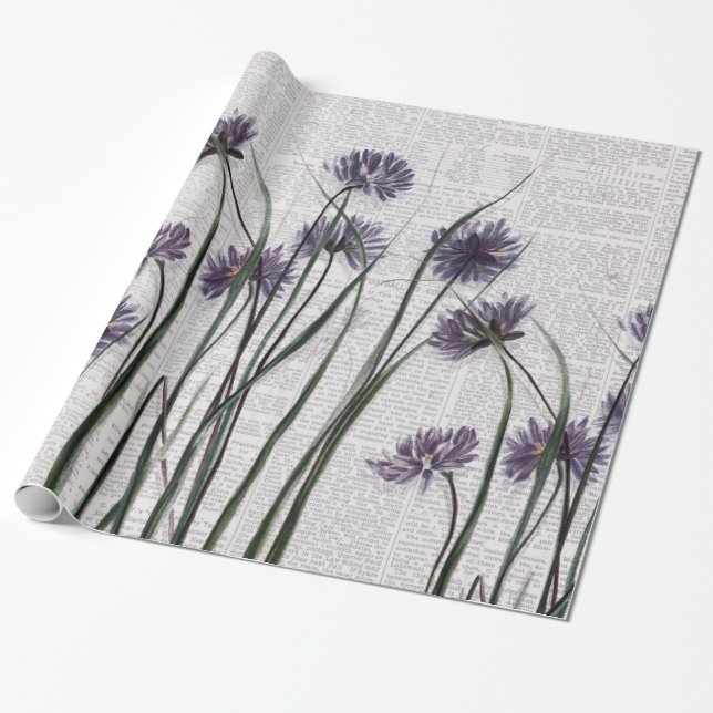 Papier Cadeau Fleurs sauvages pourpres sur le journal vintage (Déroulé)