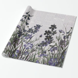 Papier Cadeau Fleurs sauvages pourpres sur le journal vintage