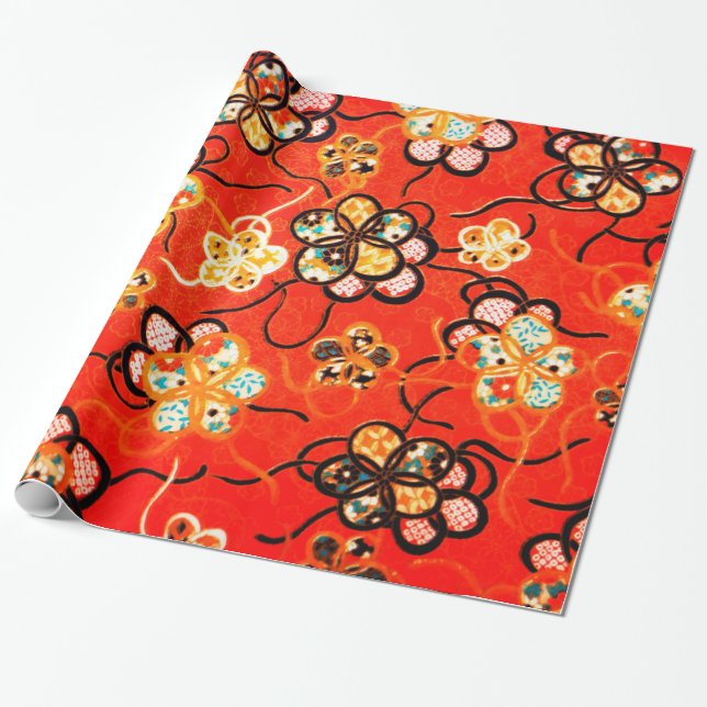 PAPIER CADEAU FLEURS STYLISÉES, RIBBONS BLANCS NOIRS ROUGE CLAIR (Déroulé)