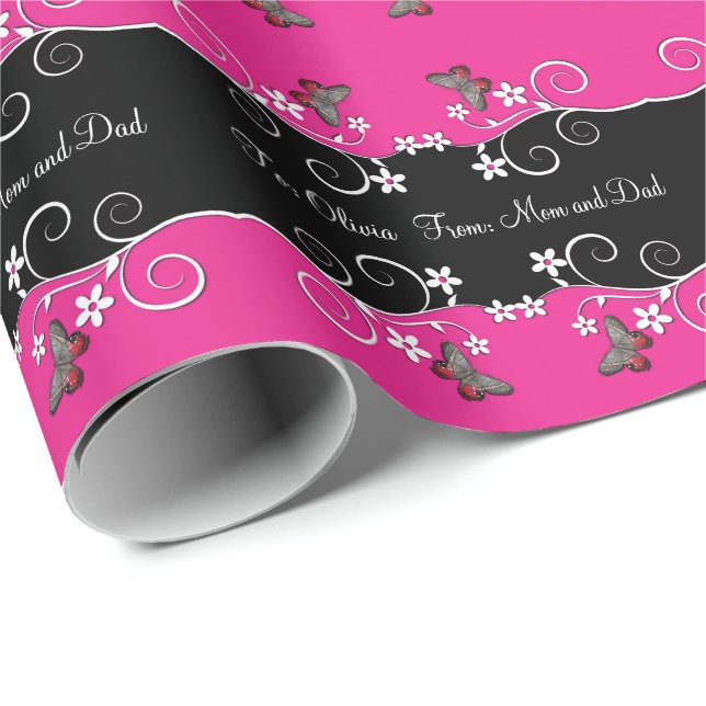 Papier Cadeau Fleurs tourbillonnantes de roses indien et de noir (Coin rond)