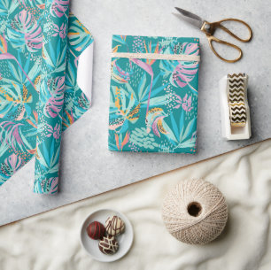 Papier Cadeau Fleurs tropicales colorées et motif feuille