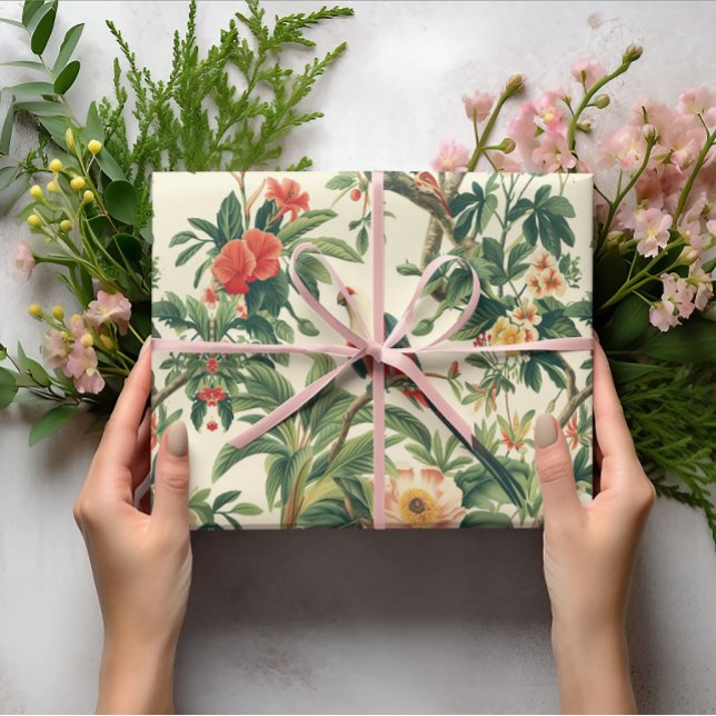 Papier Cadeau Fleurs tropicales colorées Oiseaux (Créateur téléchargé)