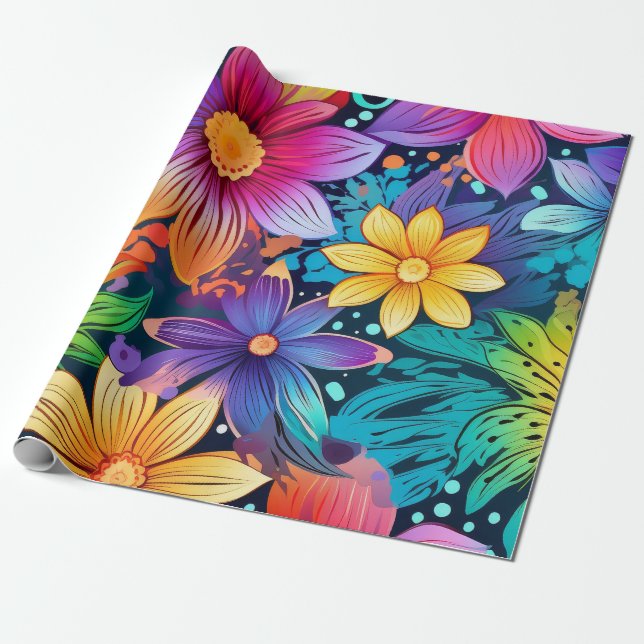 Papier Cadeau Fleurs tropicales rose et violet (Déroulé)