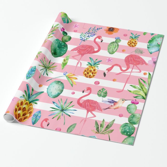 Papier Cadeau Fleurs tropicales roses et blanches Plantes et ois (Déroulé)