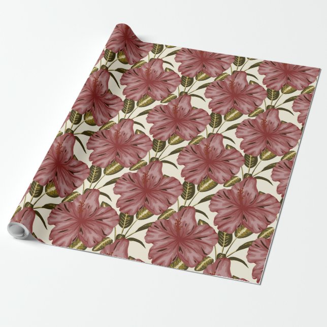 Papier Cadeau Fleurs tropicales sans couture motif | fleurs roug (Déroulé)