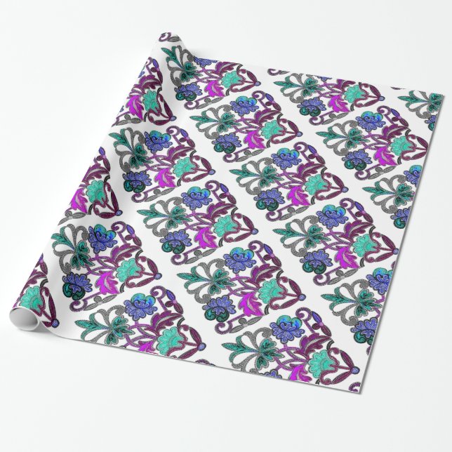 Papier Cadeau FLEURS turquoises DE BROIDISSERIE VERTE PURPLE (Déroulé)