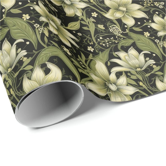 Papier Cadeau Fleurs vert olive (Coin rond)