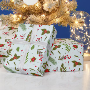 Papier Cadeau Fleurs vertes de Noël Berries Vert Noël