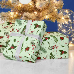 Papier Cadeau Fleurs vertes de Noël Berries Vert Noël