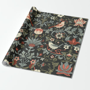 Papier Cadeau Fleurs Vintages et oiseaux foncés enchantés sans s