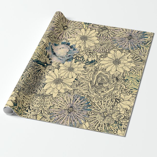 Papier Cadeau Fleurs vintages illustrées (Déroulé)